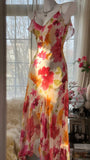 Flowy Mermaid Spaghetti Strap Print Flower Beaded Chiffon Party Dress HZ1023