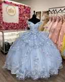 Light Blue Sparkly Off The Shoulder Appliques Prom Dress Quincea?era Dress Sweet 16 Prom Dress Ball Gown HZ1023