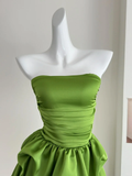 Simple A Line Strapless Pleated Green Satin Short Homecoming Dress Cocktail Dress HZ1023