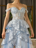 Blue A Line Off the Shoulder Appliques Tiered Petal Tulle Prom Dress Evening Dress HZ1023
