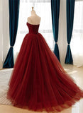 Burgundy Strapless Sleeveless Beading Tulle Prom Dress HZ1023