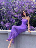 Stunning Sheath Spaghetti Strap Purple Sequin Long Party Dress Evening Dress HZ1023