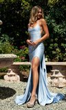 Sexy Sheath Spaghetti Strap Backless Satin Long Prom Dress With Slit HZ1023