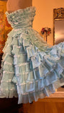 1940s Teal Vintage A Line Strapless Layered Organza Gown Homecoming Dress HZ1023