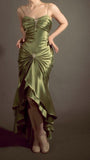 Stunning Mermaid Spaghetti Strap Rhinestone Green Satin Party Dress Evening Dress HZ1023