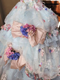 Romantic Hydrangea Flower Sweetheart Neck Ball Gown Layered Blue Organza Prom Dress Birthday Dress HZ1023