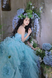 Princess Ball Gown Strapless Tiered Flower Blue Tulle Party Dress Birthday Dress HZ1023