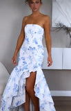 Cute Mermaid Strapless Blue Print Floral Ruffle Chiffon Prom Dress HZ1023