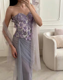 Exquisite Purple Floral Sheath Sweetheart Neck Tulle Prom Dress Evening Dress Formal Dress HZ1023