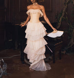 Unique Sheath Strapless Tiered Chiffon Satin Long Prom Dress Evening Dress HZ1023