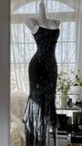 Charming Mermaid Spaghetti Strap Beaded Black Chiffon Prom Dress Evening Dress HZ1023