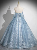 A Line Sweetheart Neck Blue Tulle Lace Long Prom Dress Evening Dress HZ1023