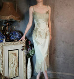 Gentle Green Sheath Spaghetti Strap Appliques Satin Chiffon Prom Dress Evening Dress HZ1023