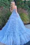 Blue Princess A-line Strapless Tiered Tulle Prom Dress Evening Dress HZ1023