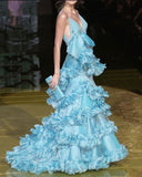 Gorgeous A Line Spaghetti Strap Beaded Tiered Blue Chiffon Long Prom Dress Evening Dress HZ1023