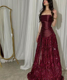Burgundy A Line Strapless Sequin Tulle Satin Long Prom Dress Cocktail Dress Birthday Dress HZ1023