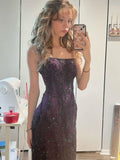 Retro Exquisite Sheath Spaghetti Strap Beaded Purple Satin Long Party Dress Evening Dress Date Dress HZ1023