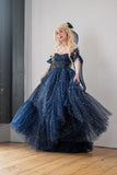 Star Sequin Navy Blue A Line Straps Layered Tulle Date Dress Prom Dress Evening Dress HZ1023