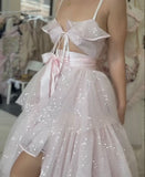 Pretty Pink A Line Spaghetti Straps Sequin Tulle Prom Dress Wedding Guest Dress with Slit HZ1023