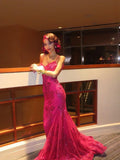 Hot Pink Mermaid Sequin Tulle Prom Dress 16th Birthday Dress Wedding Guest Dress HZ1023