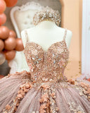 Coffee Beaded Quinceanera Dresses Sexy Spaghetti Neck Appliqued 3D Floral Sweet 16 Princess Ball Gown Pageant Gowns vestido HZ1023
