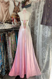 Unique A Line Halter Beaded Pink Ombre Satin Prom Dress Graduation Prom Dress HZ1023