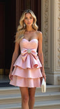 Pink Bow A Line Sweetheart Neck Layered Rhinestone Satin Homecoming Dress Birthday Dress HZ1023