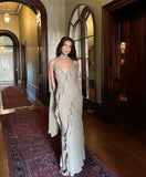 Simple Flowy Sheath Spaghetti Strap Ruffle Chiffon Prom Dress Party Dress HZ1023