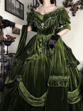 Green Exquisite Ball Gown Off the Shoulder Velvet Long Party Dress Prom Dress HZ1023
