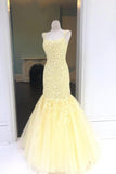 Yellow tulle lace long prom dress mermaid evening dress HZ1023