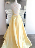 Yellow v neck satin long prom dress evening dress HZ1023
