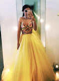Yellow v neck tulle long prom dress evening dress HZ1023