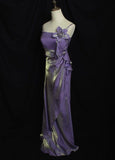 Retro Sheath Spaghetti Straps Flower Purple Satin Long Prom Dress Evening Dress HZ1023