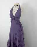 Retro A Line Halter Flower Purple Chiffon Open Back Evening Dress Party Dress HZ1023