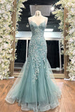 Elegant Mermaid V-neck Applique Tulle Long Ball Gown HZ1023