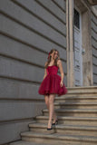 Burgundy A Line Strapless Satin Tulle Mini Homecoming Dress Cocktail Dress HZ1023