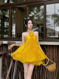 Cute A Line Halter Pleated Flower Yellow Chiffon Short Homecoming Dress Outfits HZ1023