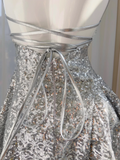 Shiny A Line Spaghetti Strap Silver Sequin Short Open Back Homecoming Dress Cocktail Dress HZ1023