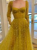 Yellow sweetheart tulle beads long prom dress, yellow evening dress HZ1023