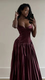 Stunning A Line Spaghetti Strap Pleated Dark Burgundy Satin Long Party Dress HZ1023