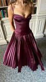 Stunning A Line Spaghetti Strap Pleated Dark Burgundy Satin Long Party Dress HZ1023