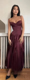 Stunning A Line Spaghetti Strap Pleated Dark Burgundy Satin Long Party Dress HZ1023