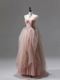 Pink A Line Straps Corset Tulle Long Prom Dress With Ruffles HZ1023