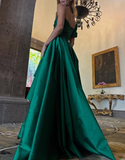 Gentle Green A Line One Shoulder Satin Long Prom Dress Evening Dress HZ1023