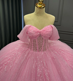 Charming Ball Gown Off-The-Shoulder Appliques Pink Tulle Sweet 16 Dress, Quinceanera Dress HZ1023