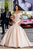Elegant Mermaid Off the Shoulder Pink Lace Satin Prom Dress Party Dress HZ1023