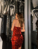 Sexy Sheath Spaghetti Strap Red Sequin Short Homecoming Dress Birthday Dress HZ1023