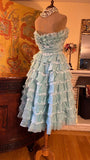 1940s Teal Vintage A Line Strapless Layered Organza Gown Homecoming Dress HZ1023