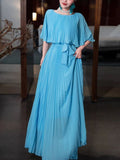 Gentle A Line Round Neck Blue Pleated Chiffon Long Evening Dress Party Dresses HZ1023