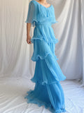 Blue Layered Chiffon A Line V Neck Simple Long Party Dress Evening Dress 18 Birthday Dress HZ1023